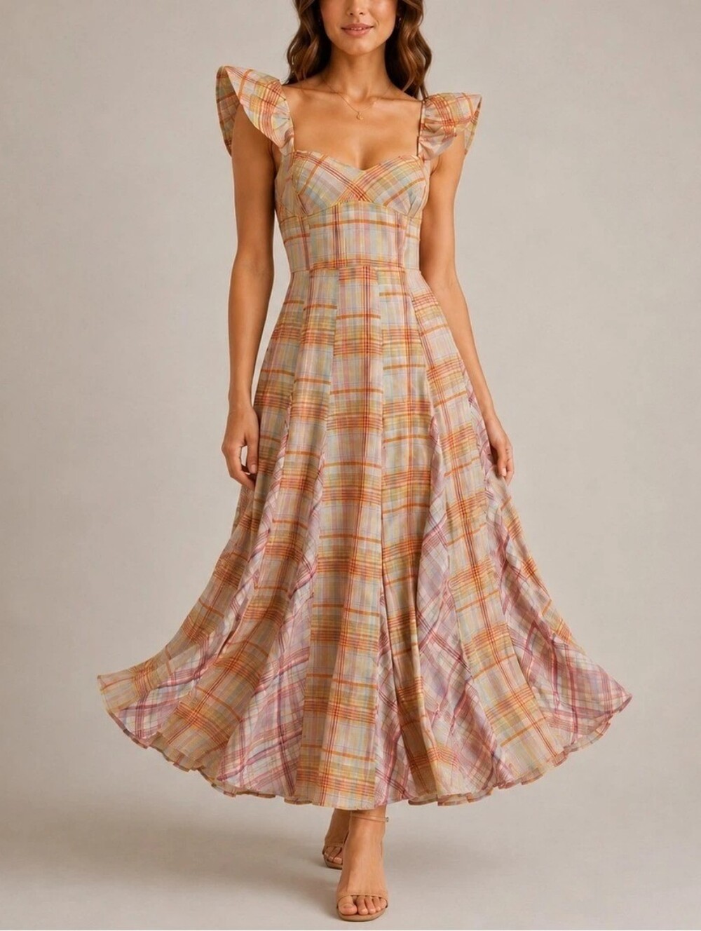Maeve Anthropologie Linen Blend Flutter Sleeve A Line Midi Dress Plaid MP NWT